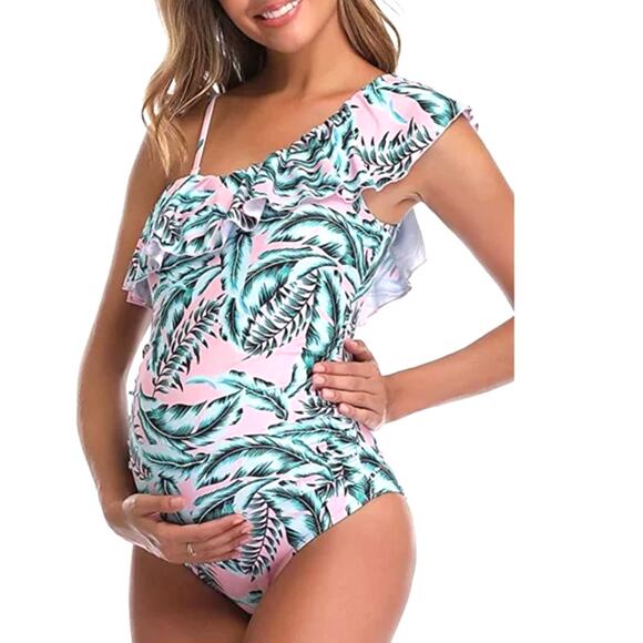 NWT Summer Mae's Maternity One Shoulder Flounce One Piece Bathing Suit Small - Picture 1 of 13